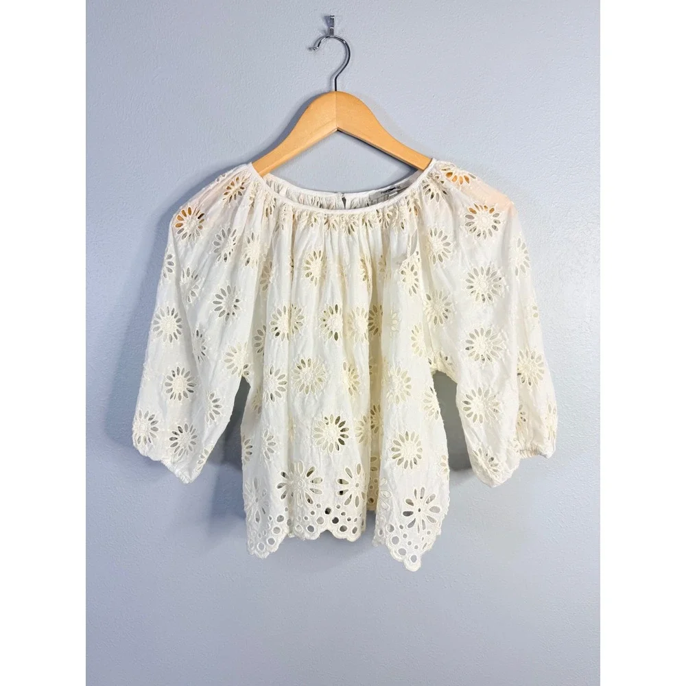 Madewell Embroidered Shirred Puff-Sleeve‎ Top Floral Eyelet XXS NWT